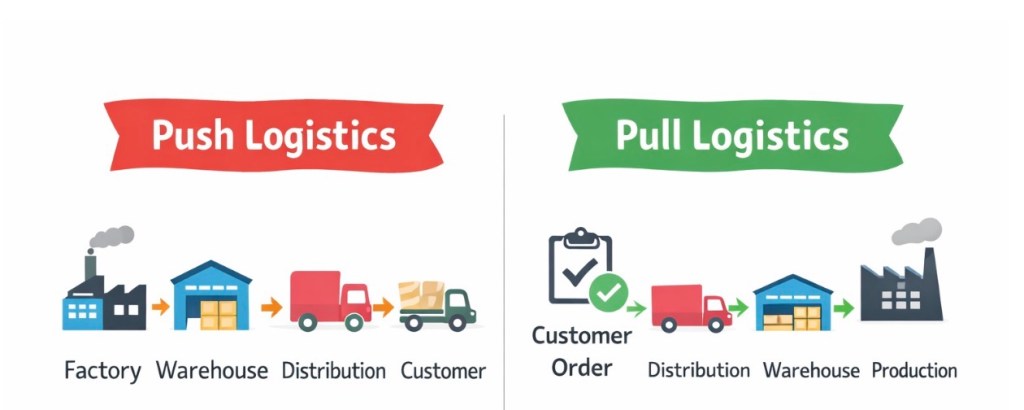 Graphic illustrating the difference between push and pull logistics.